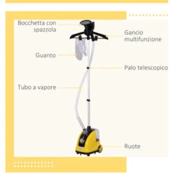 HomCom Stiratrice A Vapore Verticale Professionale 1.4L 1800W, Giallo -Assistenza Domiciliare 10657268 5