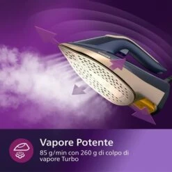 Philips Domestic Appliances Azur Serie 8000 Ferro A Vapore - 85 G/min Di Vapore Continuo, 260g Di Colpo Di Vapore Turbo, 3000W, Tecnologia OptimalTEMP, Piastra SteamGlide Elite, Blu Scuro (DST8050/20) -Assistenza Domiciliare 89659906 5
