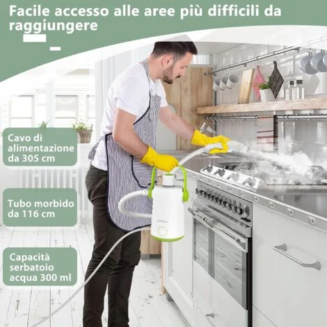 COSTWAY 1000W Pulitore A Vapore Multiuso, Macchina A Vapore Portatile Con 10 Accessori Serbatoio Da 300 Ml, Pulizia A Vapore Con Tubo Flessibile Per Cucina Bagno Finestre (Verde) 4 COSTWAY 1000W Pulitore A Vapore Multiuso, Macchina A Vapore Portatile Con 10 Accessori Serbatoio Da 300 Ml, Pulizia A Vapore Con Tubo Flessibile Per Cucina Bagno Finestre (Verde) - immagine 2