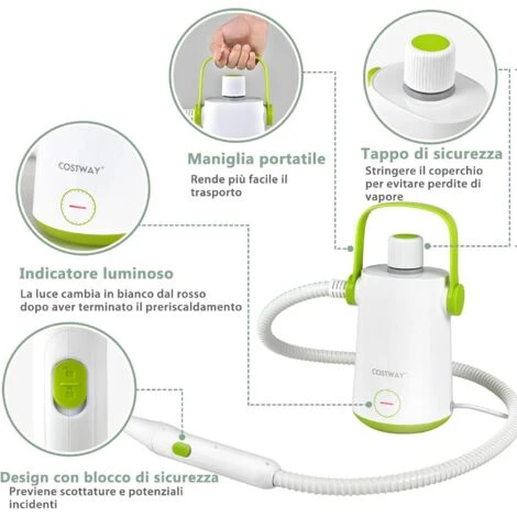 COSTWAY 1000W Pulitore A Vapore Multiuso, Macchina A Vapore Portatile Con 10 Accessori Serbatoio Da 300 Ml, Pulizia A Vapore Con Tubo Flessibile Per Cucina Bagno Finestre (Verde) 5 COSTWAY 1000W Pulitore A Vapore Multiuso, Macchina A Vapore Portatile Con 10 Accessori Serbatoio Da 300 Ml, Pulizia A Vapore Con Tubo Flessibile Per Cucina Bagno Finestre (Verde) - immagine 3