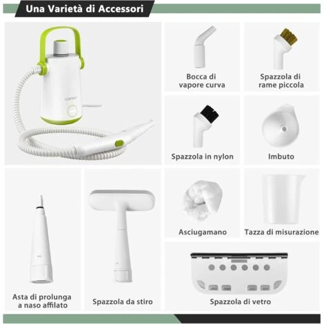 COSTWAY 1000W Pulitore A Vapore Multiuso, Macchina A Vapore Portatile Con 10 Accessori Serbatoio Da 300 Ml, Pulizia A Vapore Con Tubo Flessibile Per Cucina Bagno Finestre (Verde) 7 COSTWAY 1000W Pulitore A Vapore Multiuso, Macchina A Vapore Portatile Con 10 Accessori Serbatoio Da 300 Ml, Pulizia A Vapore Con Tubo Flessibile Per Cucina Bagno Finestre (Verde) - immagine 5